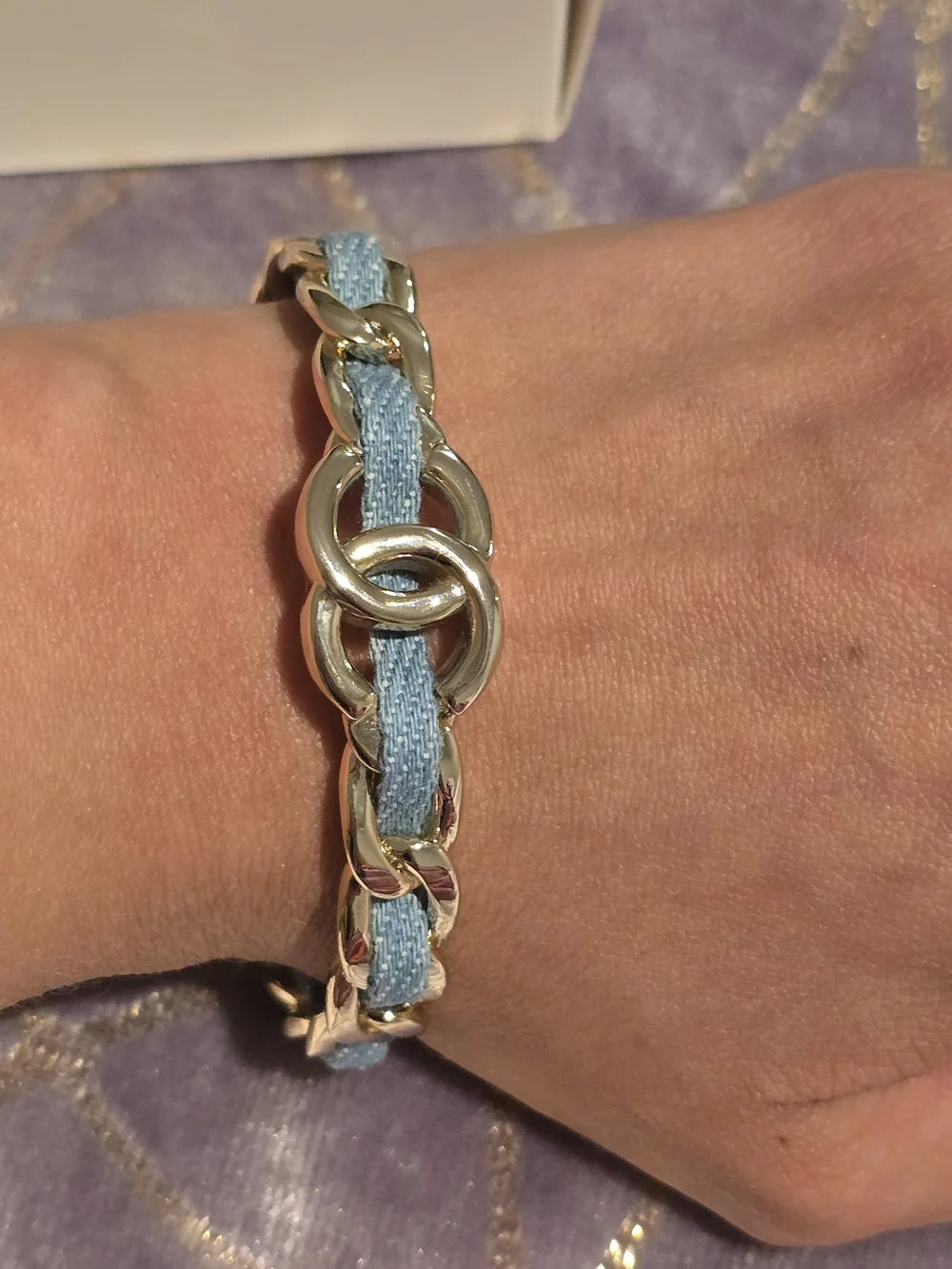 Chanel Silver Chain Bracelet with Light Blue Woven Band